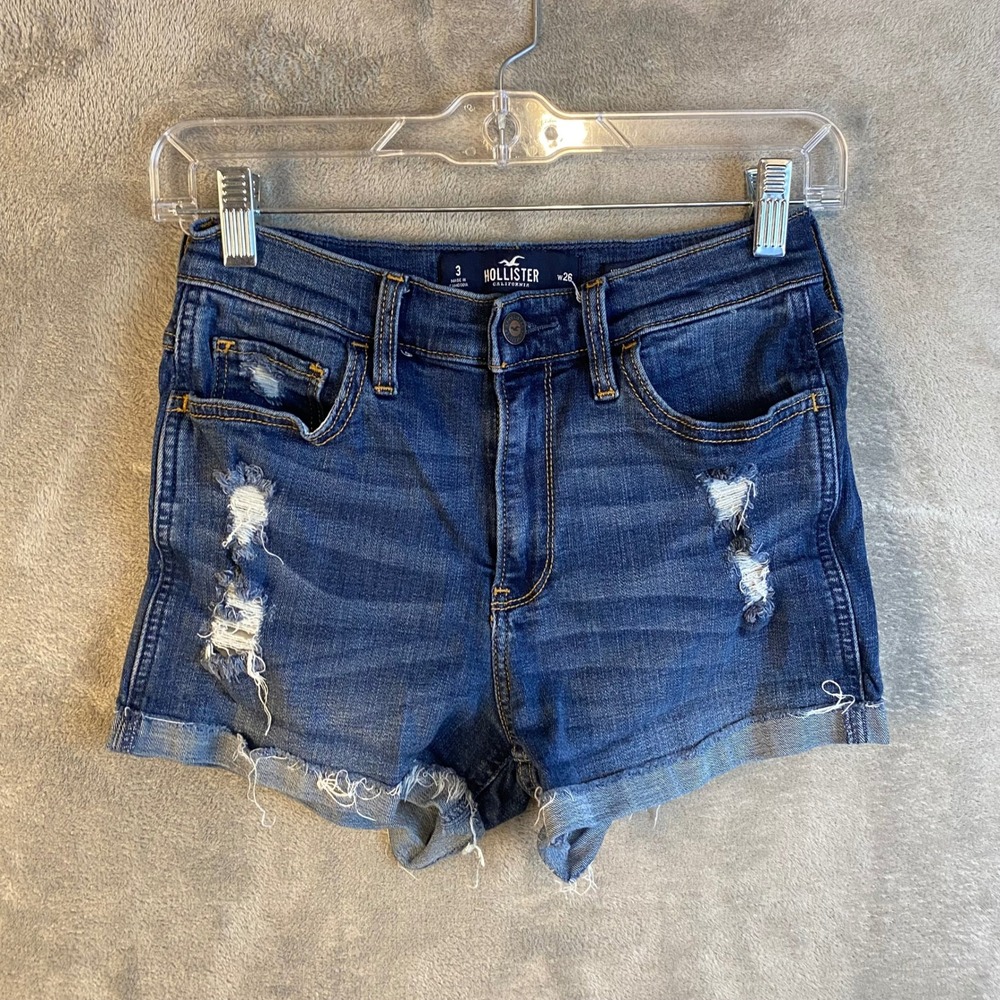 Hollister Denim Shorts Womens 3 High-Rise Short-Short Blue Distressed EUC - Picture 1 of 6